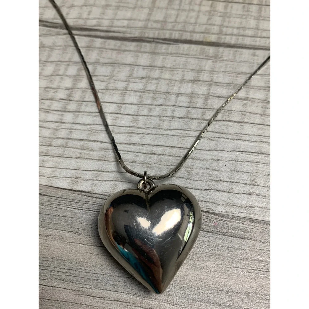 Silver Tone Puffed Heart Pendant Necklace 24 Inch Snake Chain Minimalist Jewelry